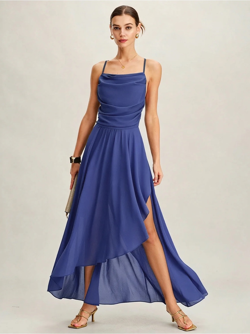 Rihoas Blue Square Neck Slip Chiffon Maxi Dress